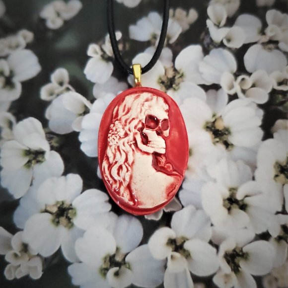 Handmade Ceramic Red Skull Cameo Pendant Necklace - Picture 14 of 14
